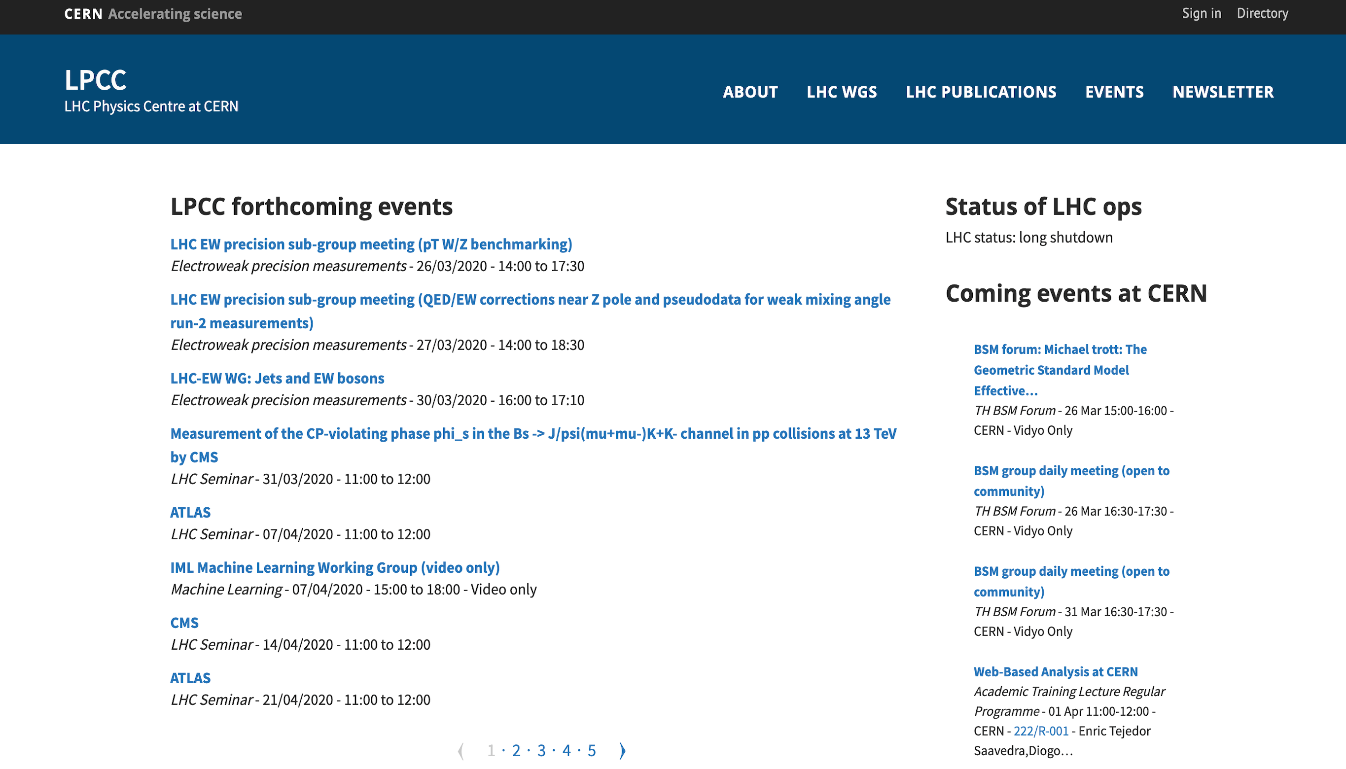 CERN LPCC website screenshot